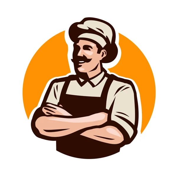 Chef, cozinheiro ou padeiro logotipo. Café, restaurante, conceito de menu. Desenhos animados ilustração vetorial —  Vetores de Stock