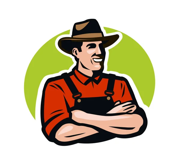 Boer, teler logo of etiket. Boerderij, landbouw concept. Cartoon vectorillustratie — Stockvector