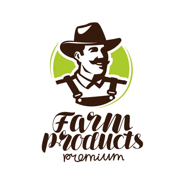 Logotipo o etiqueta de productos agrícolas. Icono del agricultor, ilustración vectorial — Archivo Imágenes Vectoriales