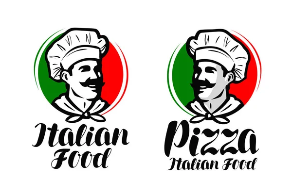 Кук, шеф-кухар логотип. Італійська кухня, піца символ або етикетці. Векторні ілюстрації друкарські дизайн — стоковий вектор