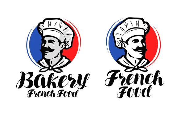 Chef, logo de cocinero. Comida francesa, símbolo de panadería o etiqueta. Ilustración vectorial diseño tipográfico — Vector de stock