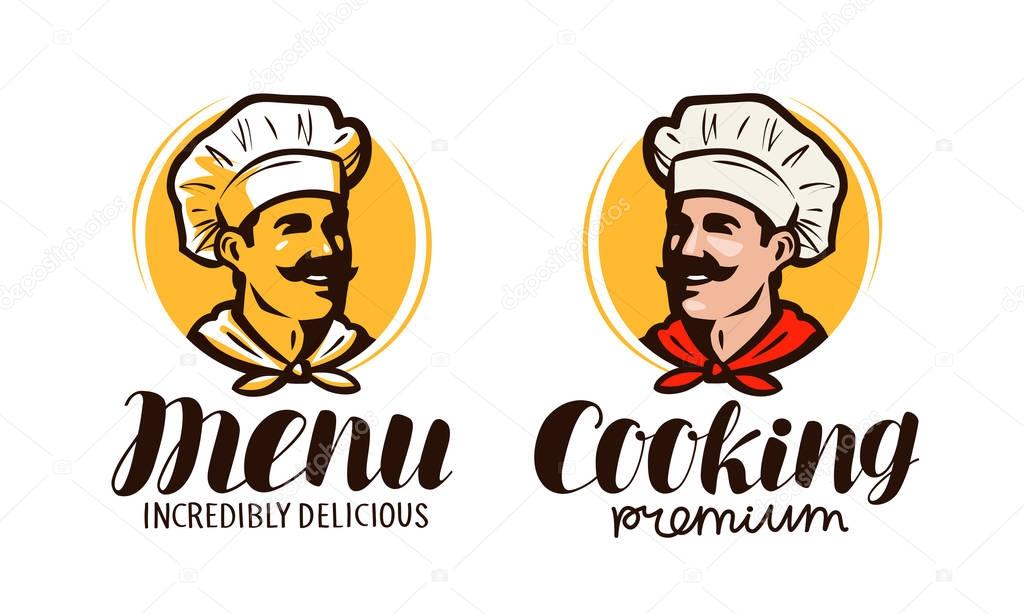 Chef logo or symbol. Meal concept. Element for menu of restaurant or cafe. Vector illustration isolated on white background