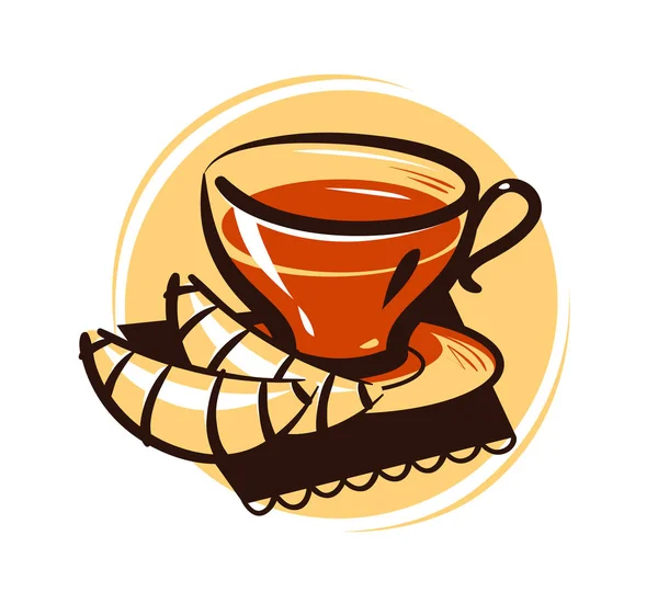 Kopp te och croissant. Tea party dryck, dessert logotyp eller etikett. Tecknade vektorillustration — Stock vektor