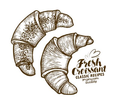 Kruvasan. Pişmiş eşya, pasta, tatlı kroki. Vintage vektör çizim çizilmiş