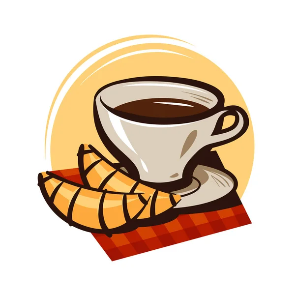 Tazza di caffè, tè e croissant. Bevanda calda, logo o etichetta del dessert. Illustrazione vettoriale cartone animato — Vettoriale Stock