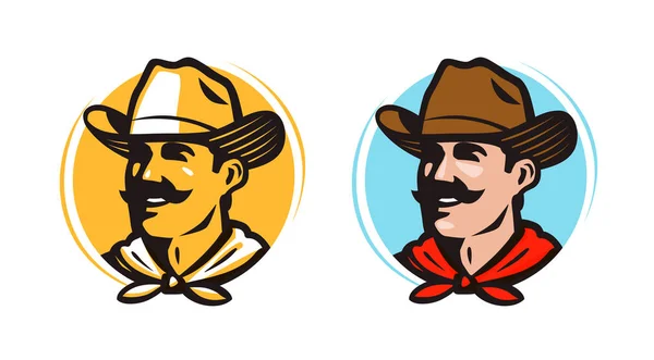 Cowboy américain, logo du shérif ou étiquette. Agriculteur, cultivateur, icône de la ferme. Illustration vectorielle de bande dessinée — Image vectorielle