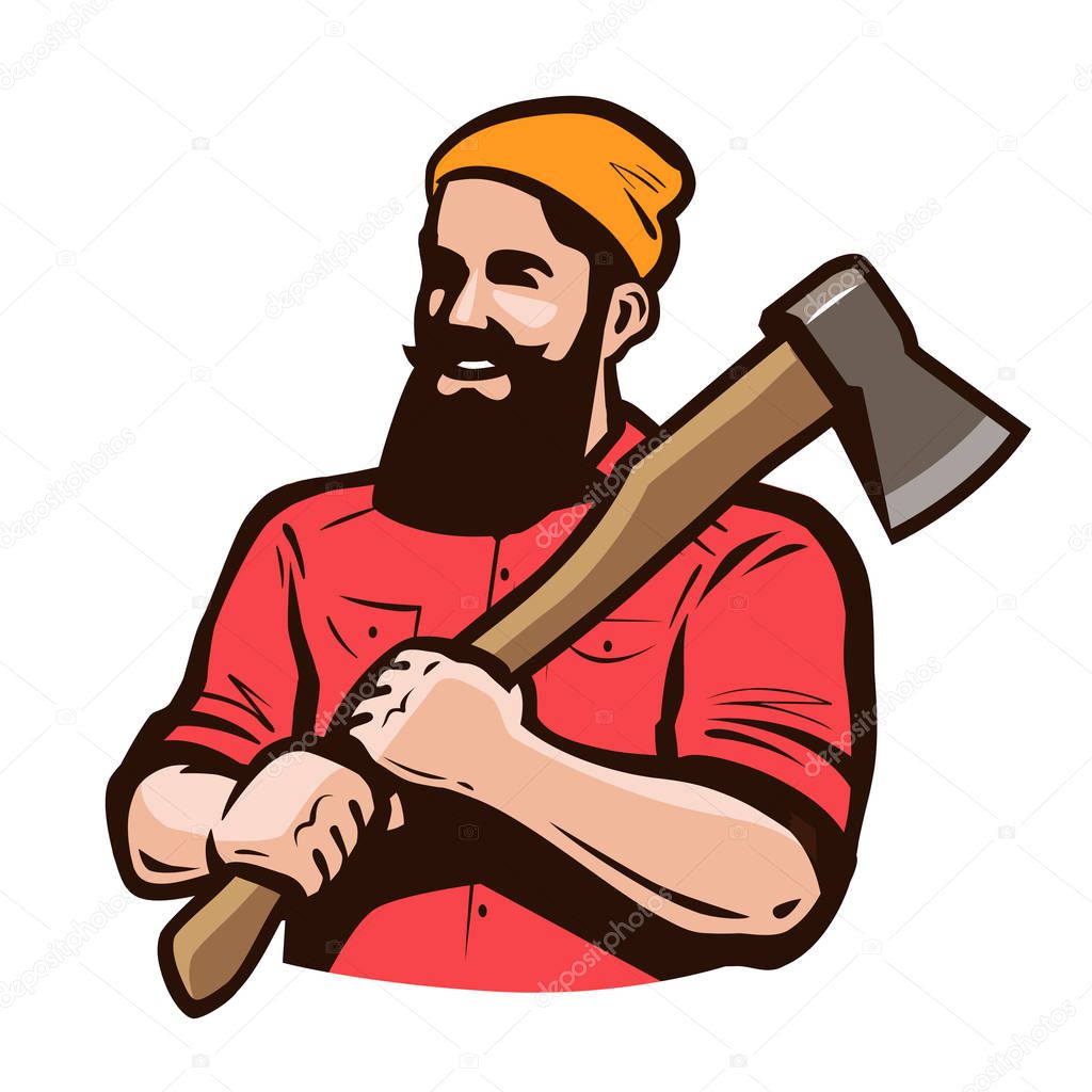 Lumberjack, axeman with axe in hands. Carpentry, woodworker, sawmill concept Cartoon vector