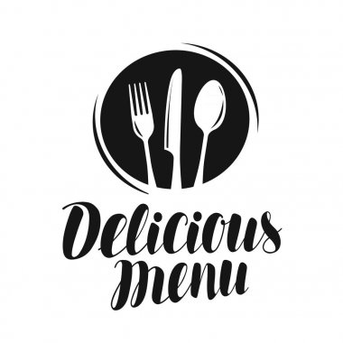 Lezzetli menü logo veya etiket. Yemek, Restoran simgesi. Vektör çizim