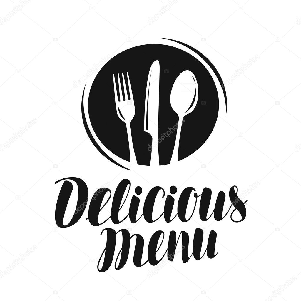 Delicious menu logo or label. Food icon. Vector illustration