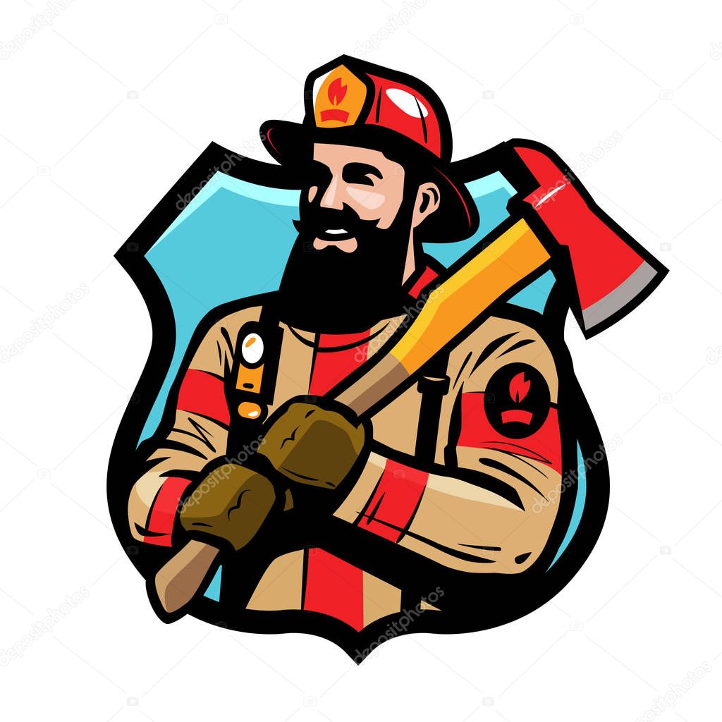 Fire department logo or label. Firefighter, fireman in helmet holds an ax in his hands. Cartoon vector