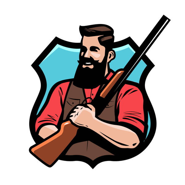Hunter holds shotgun in his hands. Gun shop, hunting, hunt concept. Cartoon vector illustration