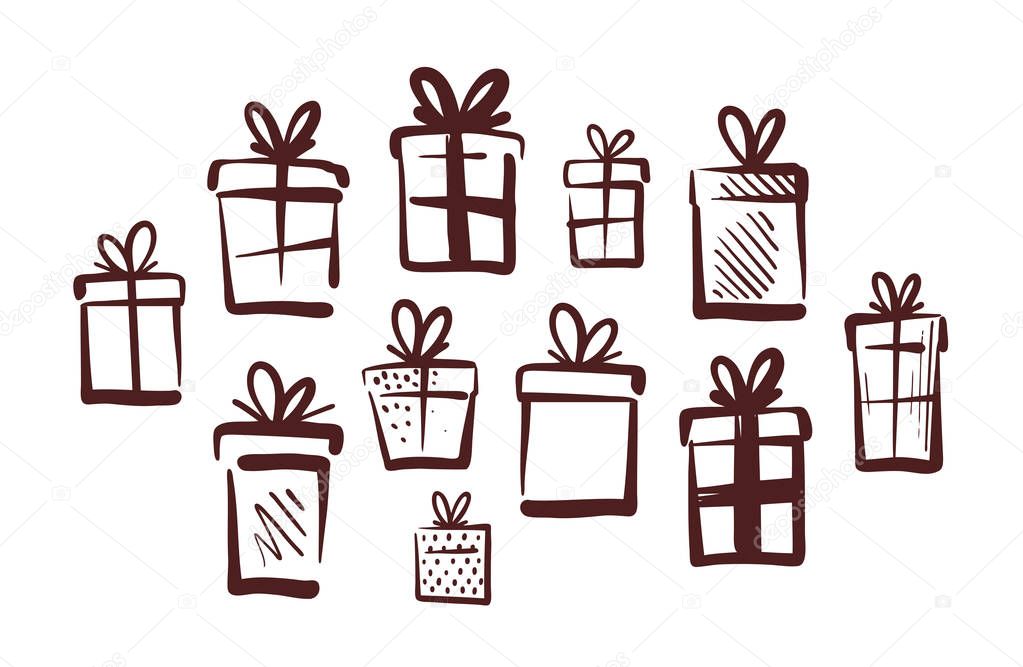 Gifts with bow, set of icons. Doodle vector illustration