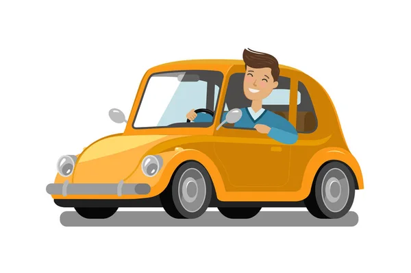Motorista macho feliz monta carro. Condução, viagem, conceito de táxi. Desenhos animados ilustração vetorial — Vetor de Stock