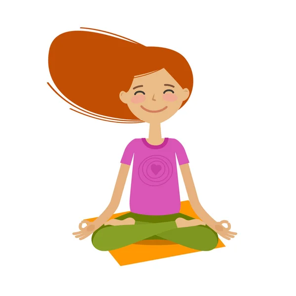 Gelukkig meisje zit in lotus houding. Yoga, fitness concept. Cartoon vectorillustratie — Stockvector