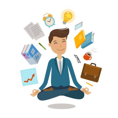 Lotus poz oturan işadamı. İş, office kavramı. Çizgi film vektör çizim