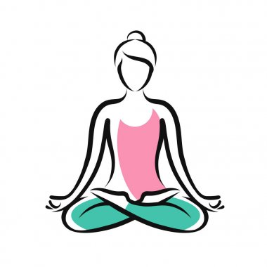 Lotus poz oturan kız. Yoga, fitness logo veya sembolü. Vektör çizim