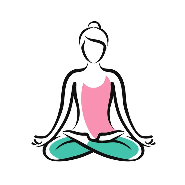 Dívka sedící v lotosu představují. Jóga, fitness logo nebo symbol. Vektorové ilustrace — Stockový vektor