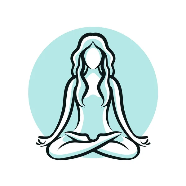 Yoga, salón de belleza, logotipo del spa o etiqueta o etiqueta. Chica sentada en pose de loto. Ilustración vectorial — Archivo Imágenes Vectoriales