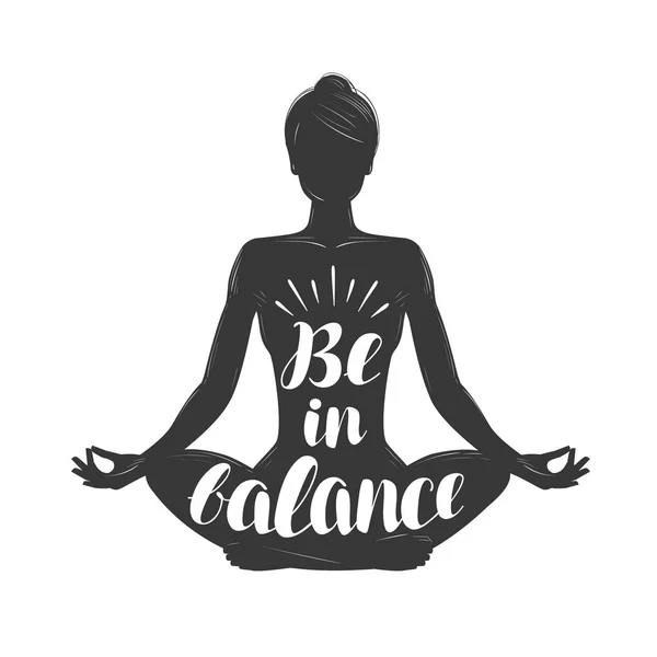 Silhouet van meisje zit in lotus houding. Yoga, meditatie concept. Belettering vectorillustratie — Stockvector