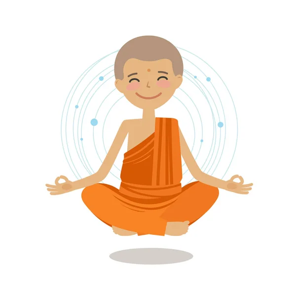 Biksu Buddha yang lucu duduk di posisi teratai. Buddhisme, konsep yoga. Ilustrasi vektor kartun - Stok Vektor