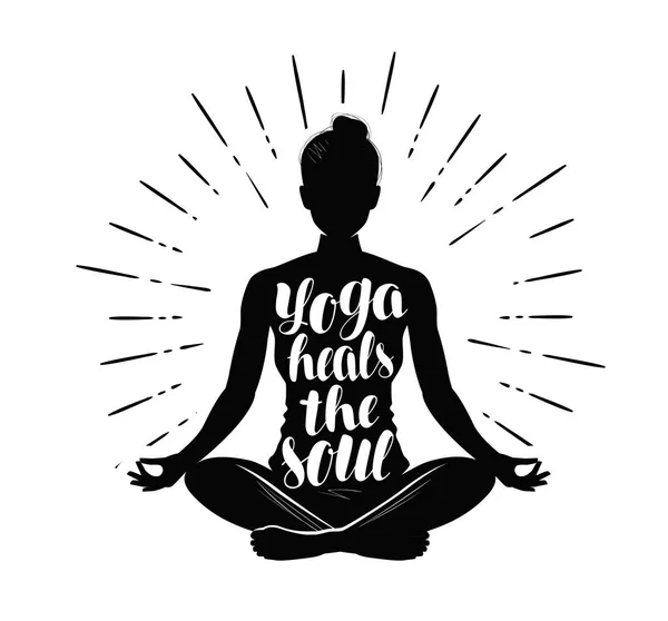 Yoga. Fata care meditează în pozează lotus. Design tipografic, ilustrație vectorială — Vector de stoc