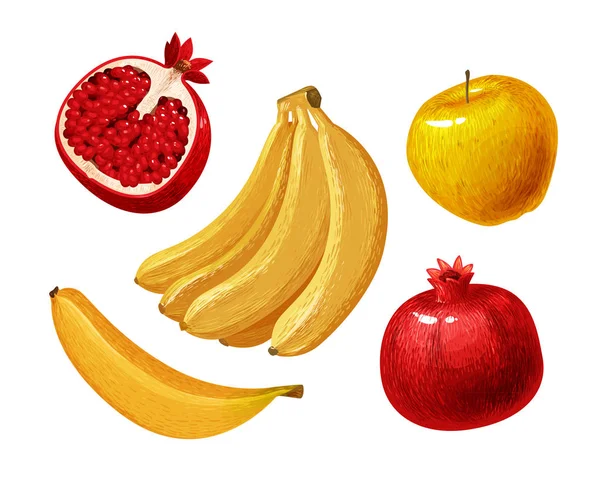 Früchte wie Banane, Apfel, Granatapfel. Vektorillustration — Stockvektor