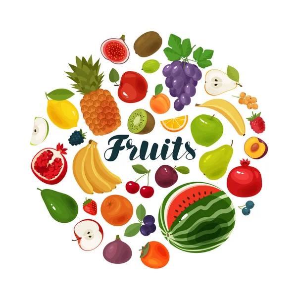Frutas e bagas. Alimentação natural, ícones da agricultura. Desenhos animados ilustração vetorial —  Vetores de Stock