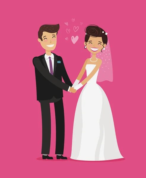 Concept de mariage. Heureux mariés tenant la main. Illustration vectorielle de bande dessinée — Image vectorielle