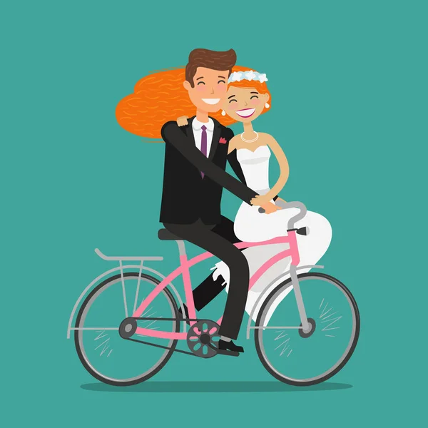 Happy couple or newlyweds. Bride and groom ride bicycle. Wedding, vector illustration — Stock Vector