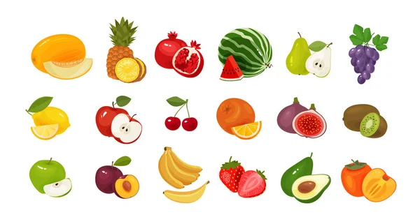 Frukt och bär, uppsättning färgade ikoner. Matkoncept. Vektorillustration — Stock vektor