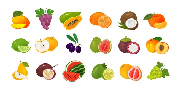 Frutta e bacche, set di icone colorate. Concetto di cibo. Illustrazione vettoriale — Vettoriale Stock