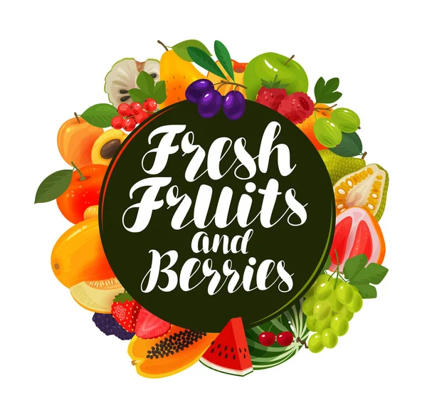 Färska frukter och bär, banner. Naturlig mat, greengrocery koncept. Vektorillustration — Stock vektor