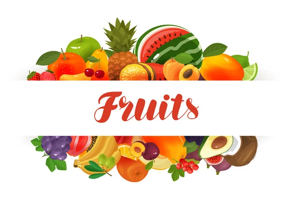 Frutas, pancarta. Comida natural, concepto de verdulería. Ilustración vectorial — Vector de stock