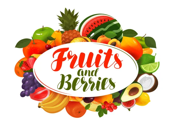 Frutas y bayas, estandarte. Comida natural, concepto de verdulería. Ilustración vectorial — Vector de stock