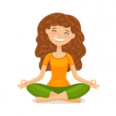 Sevimli kız Yoga yapıyor. Gevşeme, meditasyon kavramı. Komik karikatür vektör çizim