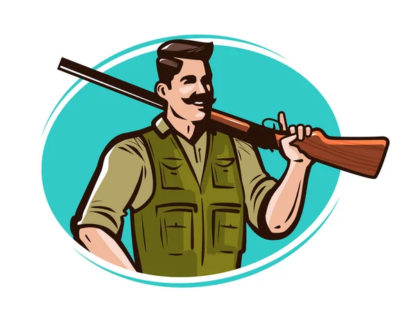 Hunter z pistoletu na jego ramieniu. Ilustracja wektorowa kreskówka polowania — Wektor stockowy