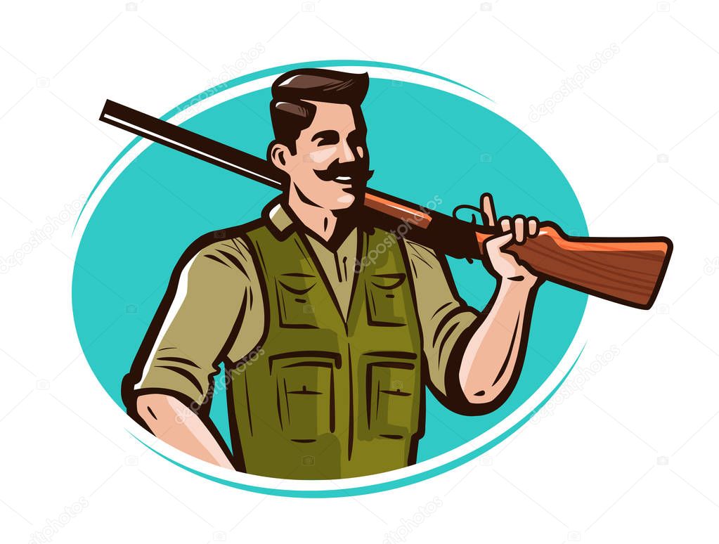 Hunter with gun on his shoulder. Hunting cartoon vector illustration
