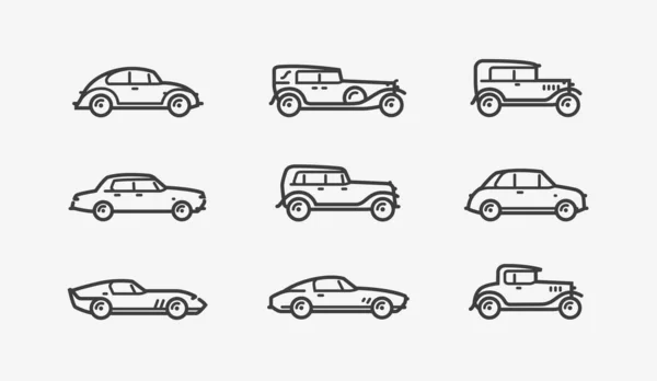 Conjunto de iconos de coche retro. Transporte, símbolo de transporte en estilo lineal. Ilustración vectorial — Vector de stock