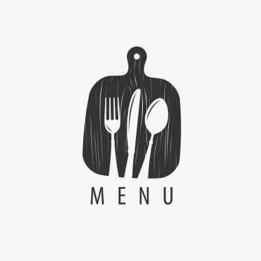 Menü logosu. Yemek pişirme, restoran sembolü ya da etiket. Vektör illüstrasyonu