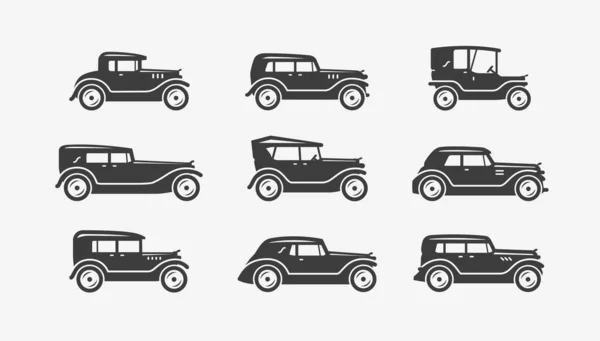 Conjunto de iconos de coches retro. Transporte, símbolo de transporte. Ilustración vectorial — Archivo Imágenes Vectoriales