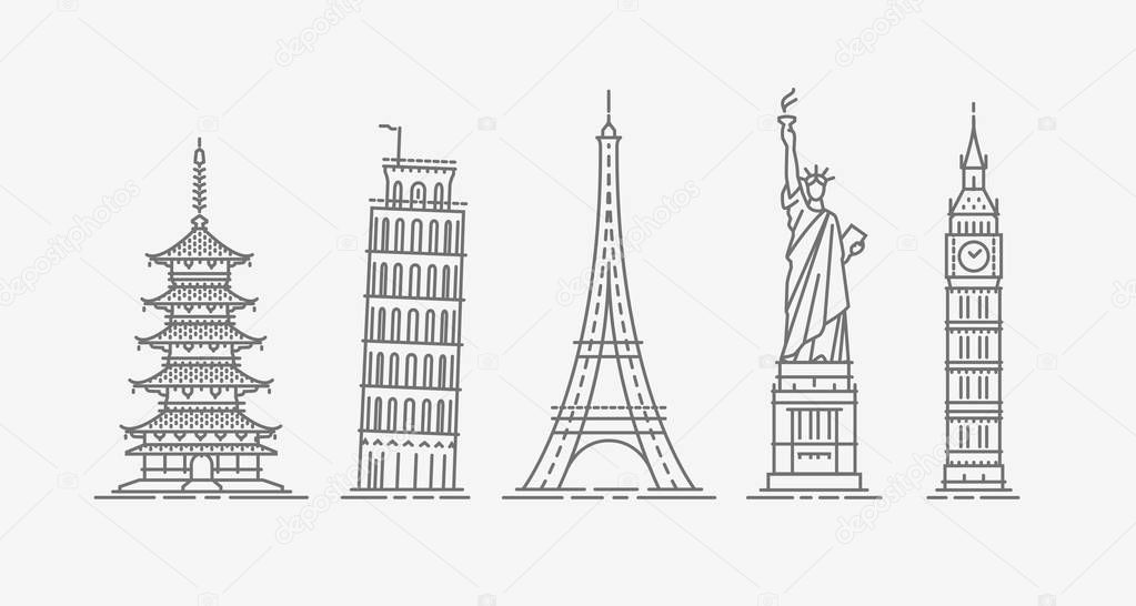 World architectural attractions. Travel icon set. Vector