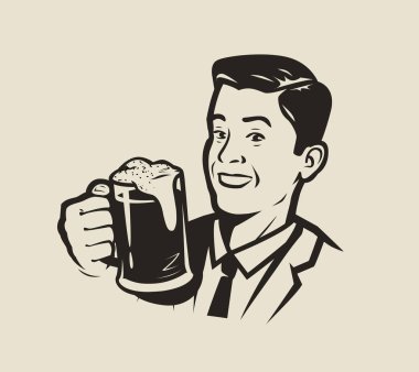 Bira bardağı tutan mutlu adam. Retro vektör illüstrasyonu