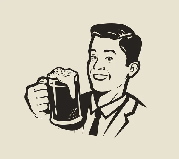 Un hombre feliz sosteniendo una taza de cerveza. Ilustración de vectores retro — Archivo Imágenes Vectoriales