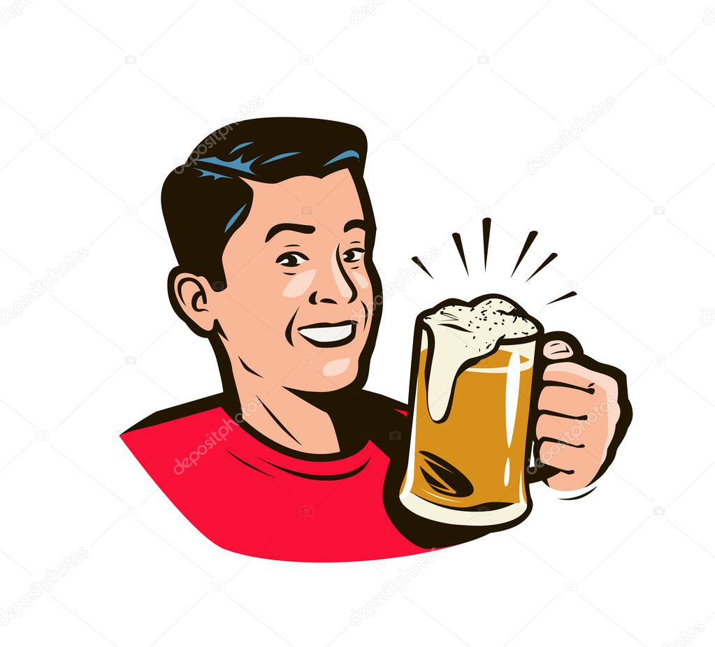 Man holding beer mug. Cartoon vector illustration