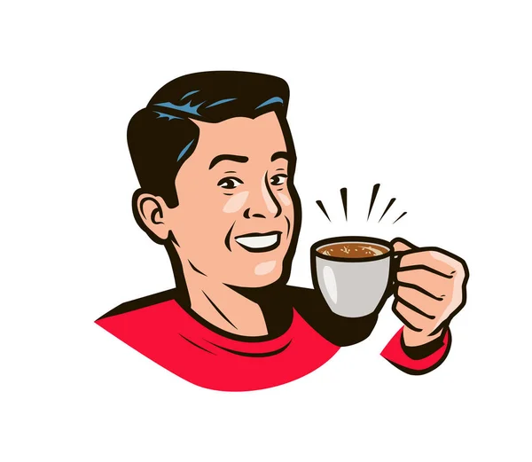 Un hombre feliz con una taza de café en la mano. Beber estilo pop art. Ilustración vectorial — Archivo Imágenes Vectoriales