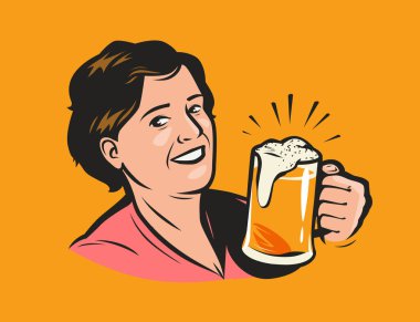 Elinde bira bardağı tutan bir kadın. Pop Art retro mizah tarzında vektör illüstrasyonu