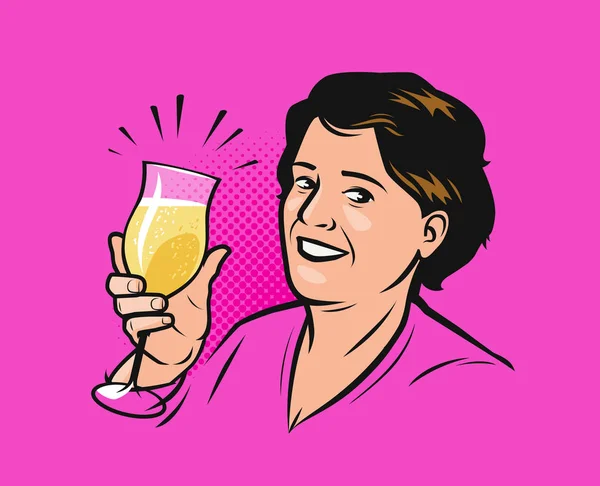 Een gelukkige vrouw met een glas champagne. Vector illustratie in pop art retro stripstijl — Stockvector