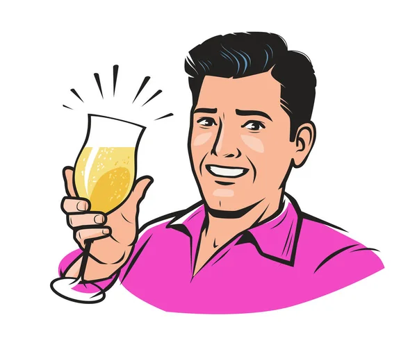 Knappe jongeman met een glas champagne. Vector pop art retro comic stijl — Stockvector