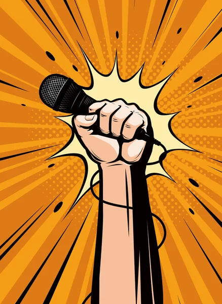 Mikrofon in der Hand gezeichnet im Retro-Comic-Stil der Pop-Art. Zeichentrickvektorillustration — Stockvektor
