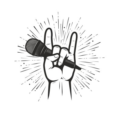 Müzik sembolü ya da amblemi. El vektörü illüstrasyonunda mikrofon